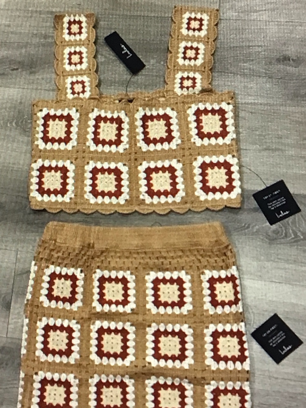 Handmade Crochet Two-Piece Tank & Skirt Set — Tan, Cream & Rust